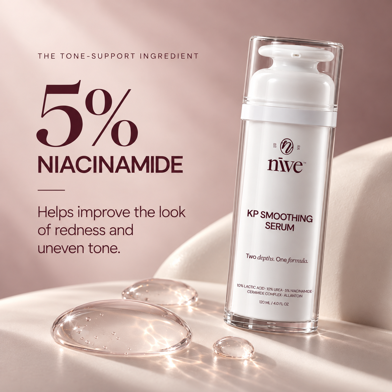 NĪVE serum with 5% niacinamide for visible tone support