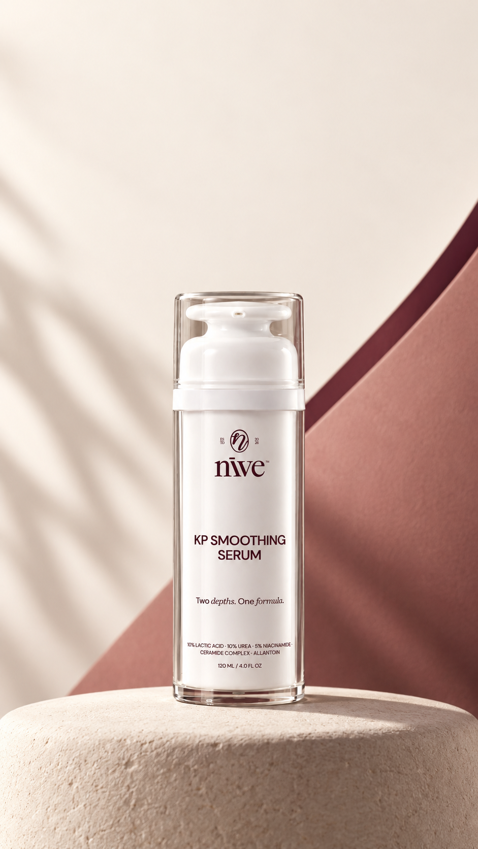 NĪVE KP Smoothing Serum bottle on a warm stone pedestal